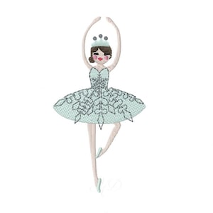 May include: An embroidered design of a ballerina in a light blue tutu and crown. The ballerina is in a graceful pose with arms raised. The tutu has a detailed snowflake pattern. The design is on a white background.