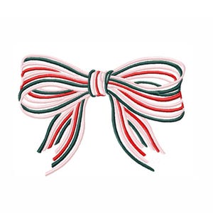 May include: A decorative bow featuring a striped design in red, white, and green. The bow is tied in the center with the same colors, creating a festive and eye-catching accessory. The bow is set against a plain white background.