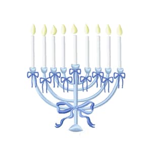 May include: A light blue menorah with nine white candles and yellow flames. The menorah has a curved design with blue bows at the base of each candle and a large bow at the base of the central stem. The background is white.