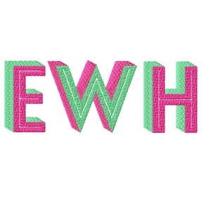 May include: Embroidered letters EWH in a 3D style. The letters are pink with a green outline, set against a white background. The design has a textured appearance, suggesting an embroidered or stitched finish.