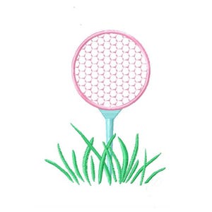 May include: An embroidered design featuring a pink golf ball with a honeycomb pattern, set on a light blue tee, and surrounded by green grass. The design is likely for a golf-themed item.