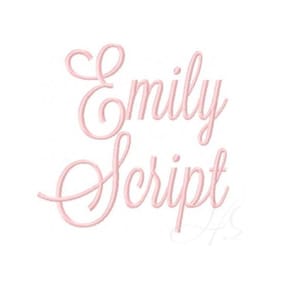 Può includere: Un design di carattere script rosa chiaro che recita "Emily Script" su sfondo bianco. Il testo è in stile corsivo, con un aspetto delicato ed elegante. Il design è semplice e pulito.