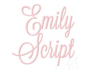 May include: A light pink script font design that reads "Emily Script" on a white background. The text is in a cursive style, with a delicate and elegant appearance. The design is simple and clean.