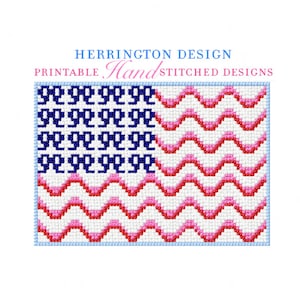 May include: A cross-stitch design of an American flag with blue, red, and white colors. The flag design features a blue rectangle with white stitched letters and red and white wavy stripes. The text "HERRINGTON DESIGN Printable Hand Stitched Designs" is at the top.
