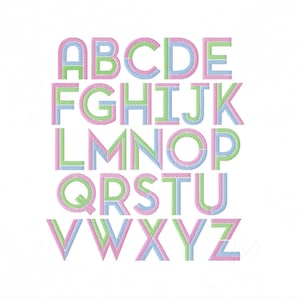 May include: A full alphabet in capital letters, each letter is a unique design. The letters are in a pastel color scheme of pink, green, and blue. The letters are embroidered on a white background.