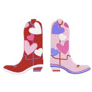 May include: A pair of embroidered cowboy boots. One boot is red with pink and white hearts, the other is pink with blue and pink hearts. Both boots have a white sole and a small heel.
