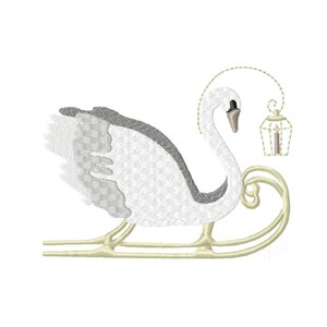 May include: An embroidered design of a swan on a sleigh, with a lantern hanging from its neck. The swan is white with gray accents on its wings and back. The sleigh and lantern are a light beige color, set against a white background.