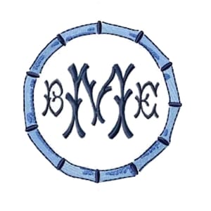 May include: A monogram design featuring the letters B, W, and E in a dark blue, stylized font. The letters are centered within a light blue bamboo-style circle, creating a decorative and personalized emblem.