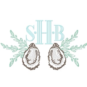 May include: An embroidered design featuring the letters "SHB" in light blue, flanked by two oyster shells with brown and white details. Light green leafy branches frame the design on a white background.