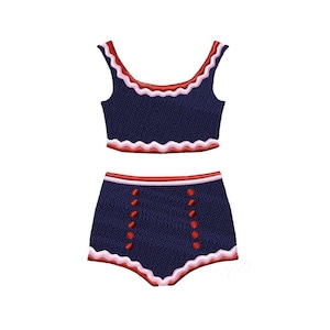 May include: A two-piece navy blue swimsuit with red and white trim. The top has a scalloped edge and the bottoms feature red button details. The swimsuit is designed with a vintage aesthetic.