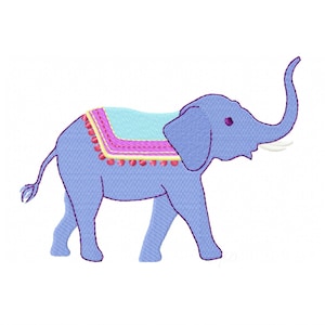 May include: A light blue elephant illustration with a decorative saddle in shades of pink, yellow, and turquoise. The elephant has its trunk raised and is walking to the left.
