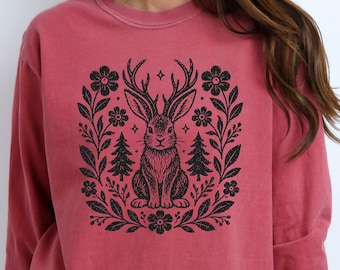 Cottagecore Jackalope Tee  Boho Mythical Creature Cryptid Comfort Colors Long sleeve sweatshirt youth