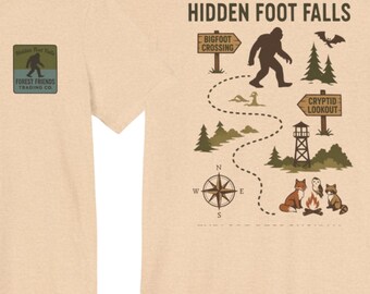 Camiseta unisex de Pie Grande, camiseta de Pie Grande, camiseta de Hidden Foot Falls, regalo de Cryptid, camiseta de aventura al aire libre