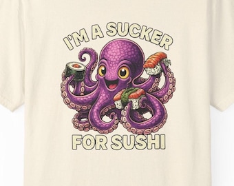 Camiseta de pulpo comiendo sushi / Camiseta divertida para amantes del sushi, algodón teñido en prenda