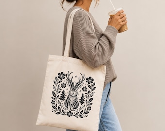 Jackalope Tote Bag, Cottagecore Canvas Tote, Woodland Folk Art Bag, Botanical Rabbit Tote, Nature Lover Gift, Whimsical Forest Bag