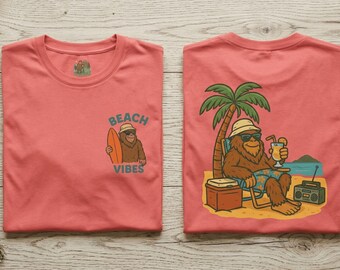 Bigfoot Beach Sipping Drinks T-Shirt | Summer Vacation Sasquatch Tee