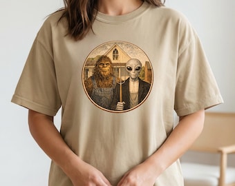 Bigfoot & Alien American Gothic Shirt | Funny Cryptid Tee | Vintage Sasquatch Shirt | UFO Lover Gift | Retro Paranormal T-Shirt