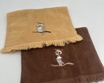 2 Vintage Martex Handtücher Fransen 100% Baumwolle Braun Gelbe Eulen