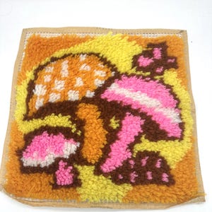 Vintage 70s Mushroom Latch Hook Rug Wall Hanging Art MCM Retro Home Decor