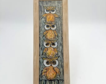 Búho pintado a mano y enmarcado, arte original expresivo de la vida silvestre, firmado por d. Pease.