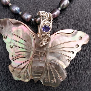 Carved Black Lip Shell Butterfly with Faceted Iolite Stud and Freshwater Pearl Necklace