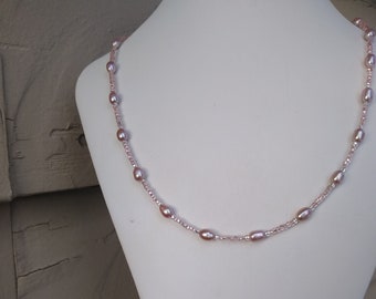 Pale Blush colored Freshwater Pearl and Seed Bead Necklace