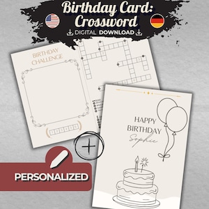 Personalisierte Geburtstagskarte mit Kreuzworträtsel | Eigener Name & 8 Fragen | Individuelles Geburtstagsgeschenk | Digitaler Download A4