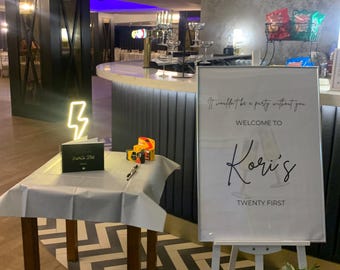 以下が含まれることがあります： イーゼルに置かれた白い看板に黒い文字で「It wouldn't be a party without you. Welcome to Kori's Twenty First」と書かれています。看板は緑の葉と白い花で飾られています。手前に白いテーブルクロスをかけた小さなテーブルがあり、ネオンの稲妻の看板とゲストブックが置かれています。