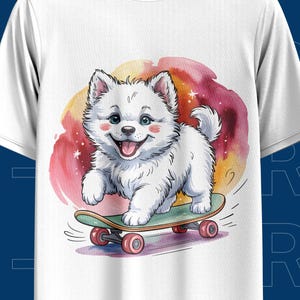 Cute Samoyed Dog Skateboarding PNG Clipart | Funny Puppy on Skateboard Sublimation Design for T-Shirt, Mug, Sticker