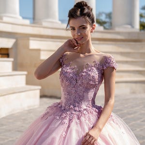 Quinceanera-jurken Blush Pink Quinceañera-jurk met bloemenapplicaties, baljurk, op maat gemaakte Sweet 15-jurk, pofgalajurk, prinses M