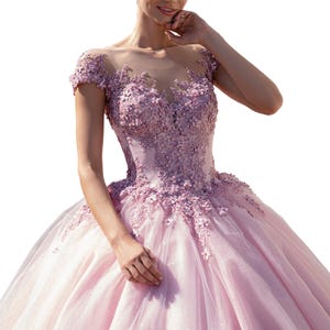 Quinceañera Dress Blush Pink Ball Gown with 3D Flowers, Custom Sweet 15 Princess Dress, Puffy Tulle Fairy Gown