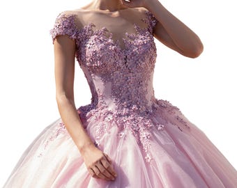 Gorgeous Light Pink Strapless Ruffled Tulle 3D Floral Applique Sweet 15 Quinceanera Ball Gown DP7399 main image 0