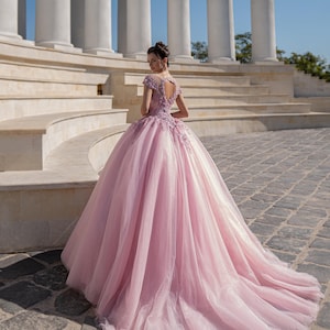 Quinceanera-jurken Blush Pink Quinceañera-jurk met bloemenapplicaties, baljurk, op maat gemaakte Sweet 15-jurk, puffy galajurk, prinses L