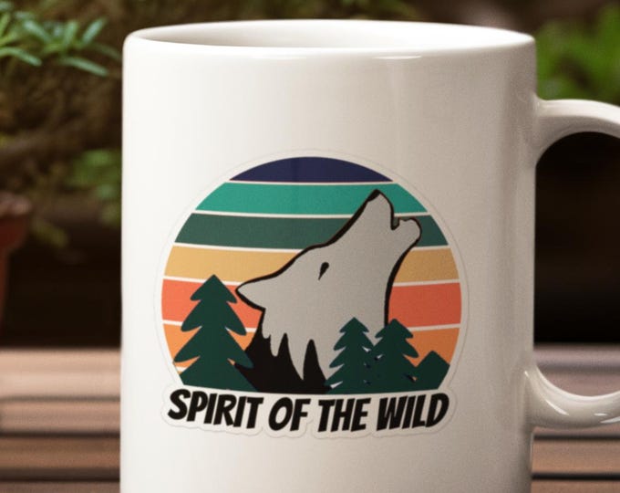 Howling Wolf Ceramic Spirit Animal Coffee Mug for Office Desk, Outdoor Lover Gift for Him or Her