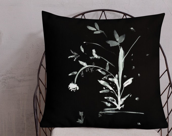 Black and White Pillow, Contemporary Nature Decor Premium Pillow, Black and White Decor, Black Throw Pillow, Black and White Floral