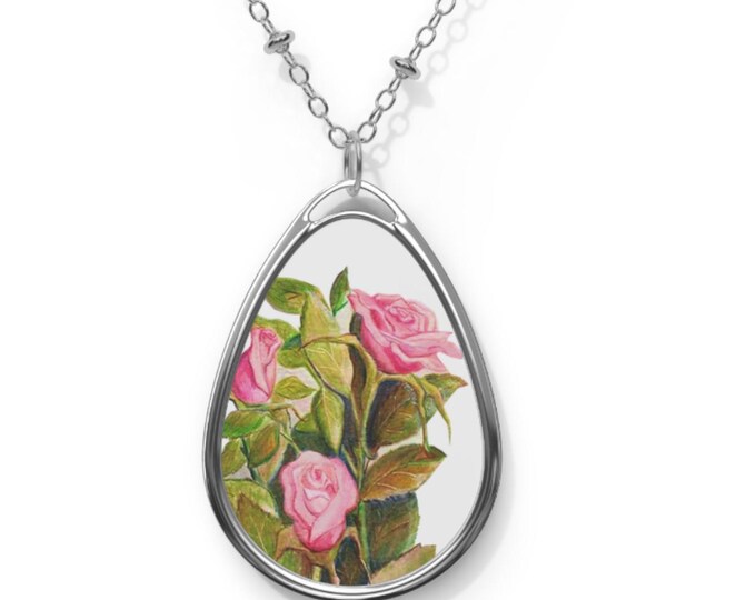 Pink Roses Rose Art Pendant Necklace, Rose Lover Necklace, Rose Jewelry, Mothers Day Gift For Mom, Floral Charm, Flower Gift