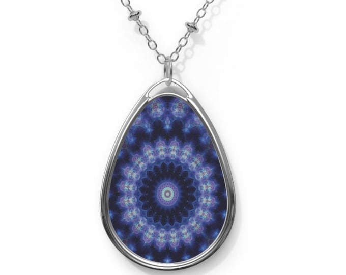 Blue Mandala Fractal, Teardrop Oval Digital Art Necklace, Birthday Gift for Her