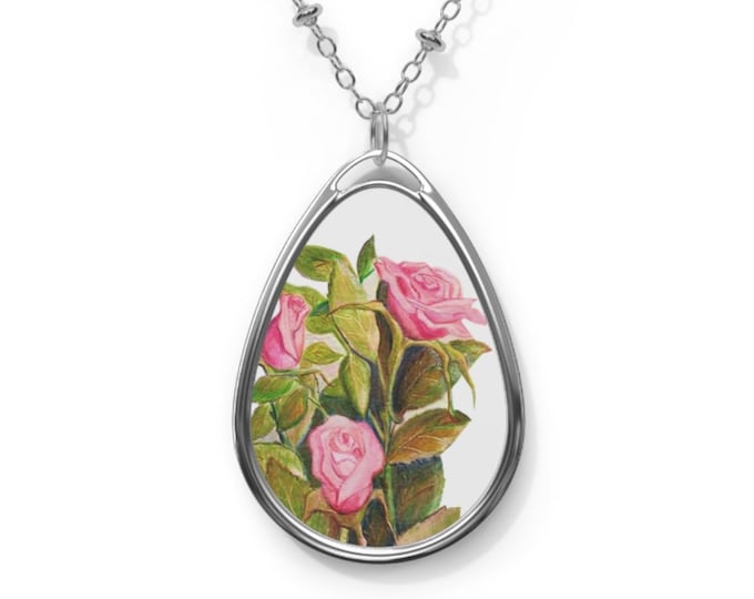 Pink Roses Wearable Art Necklace, Rose Lover Jewelry Gift, Mothers Day Floral Charm, Flower Gift