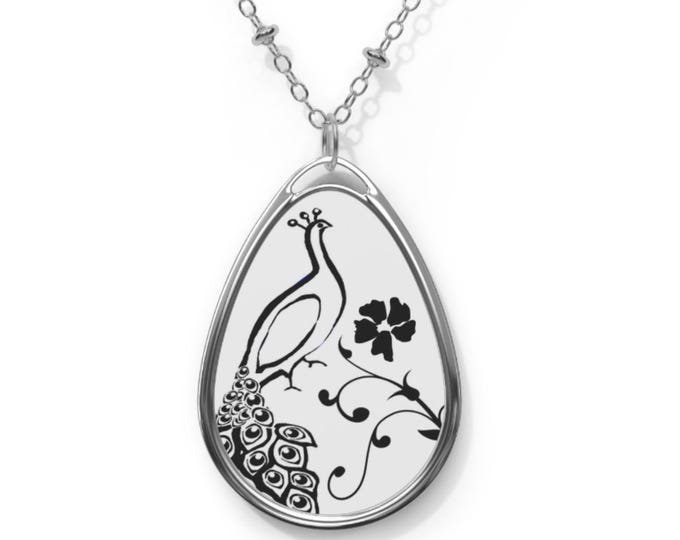 Elegant Peacock Wearable Art Oval Necklace, Boho Statement Jewelry for Women, Nature Inspired Design, Anniversary Present