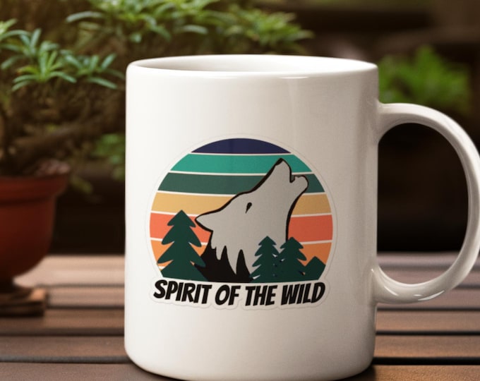 Spirit of the Wild Wolf Ceramic Coffee Mug for Office Desk, Outdoor Lover Gift for Him or Her