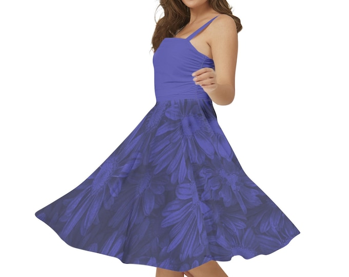 Blue Floral Dress, Summer Floral Dress, Sleeveless Dress, Square Neck Dress, Ruched Top Flare Hem Midi Dress