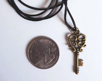 Steampunk Adjustable Cord Necklace Antiqued Brass Skeleton Key Cord Necklace