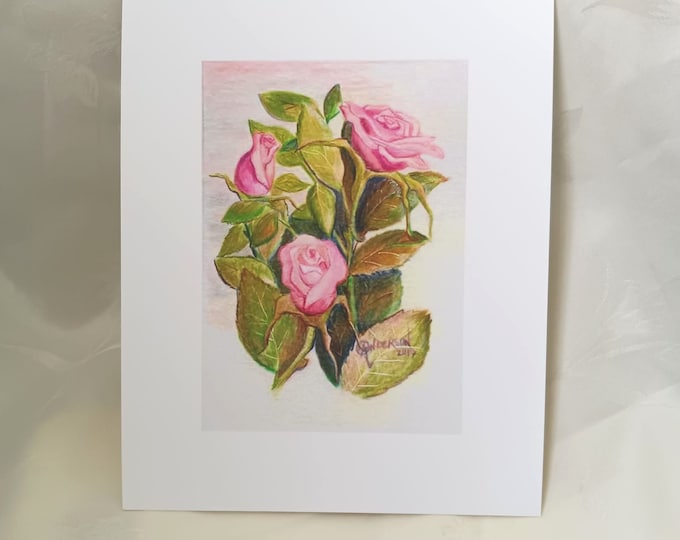 Art Print Giclee Floral Office Decor, Kitchen Rose Garden  Pink Roses Wall Art, Colored Pencil Digital Giclee  Print