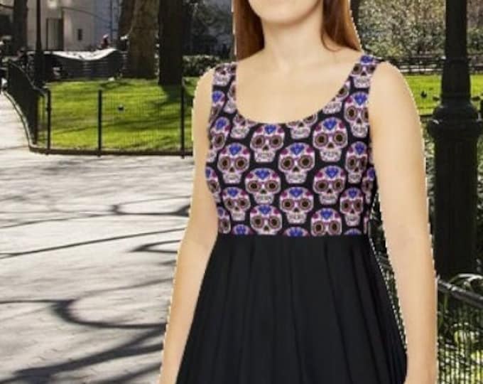 Goth Skater Dress, Sugar Skull Mini Dress, Punk Mini Dress, Punk Dress, Rockabilly Skull Dress, Sleeveless Scoop Neck Stretchy Summer Dress