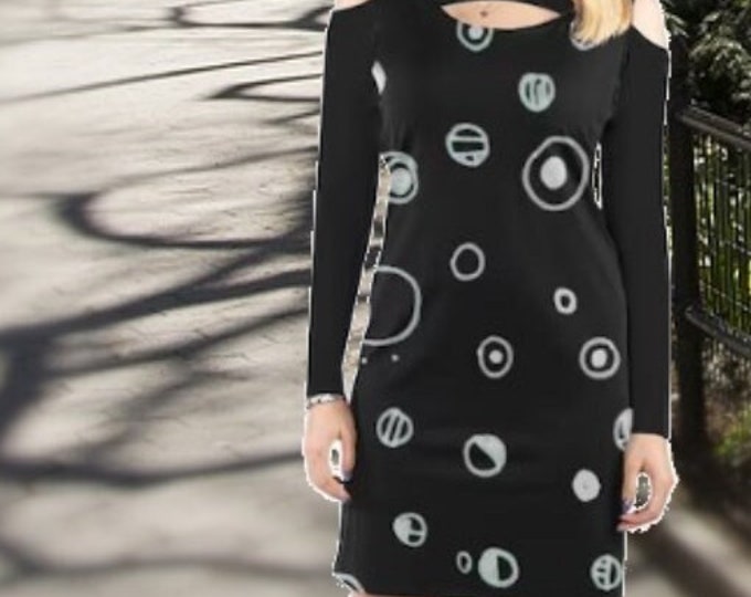 70s Style Black Cold Shoulder Dress - 70s Black Long Sleeve Dress -  Mini Dress - Black Mini Dress - Black Polka Dot Dress