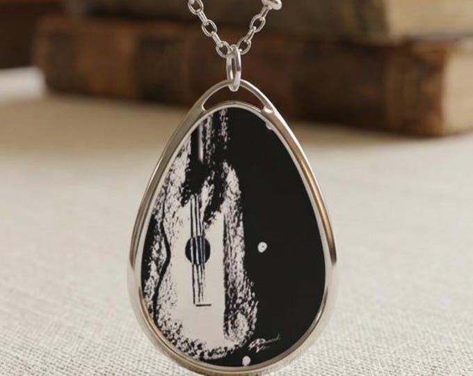 Guitar Art Pendant Necklace, Music Lover Jewelry, Teardrop Oval Charm, Musician Gift, Wearable Art, Hand Painted Art Print