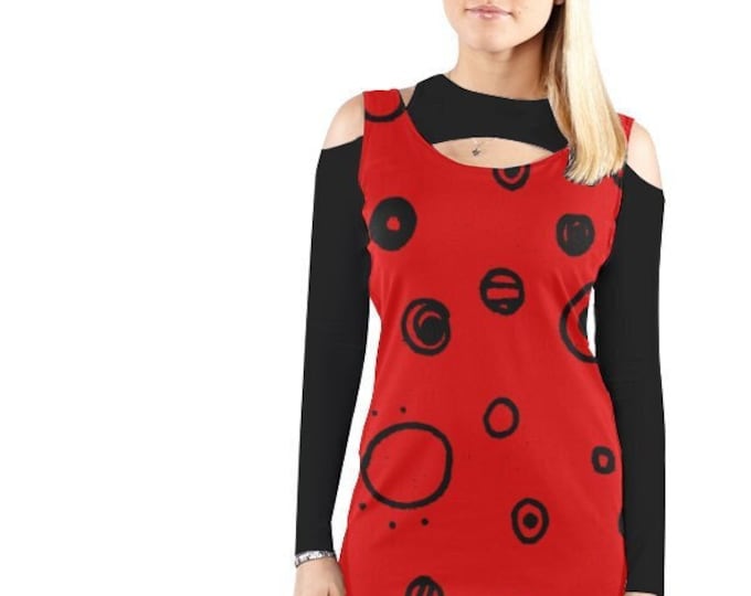 70s Style Goth Red Cold Shoulder Mini Dress With Long Sleeves