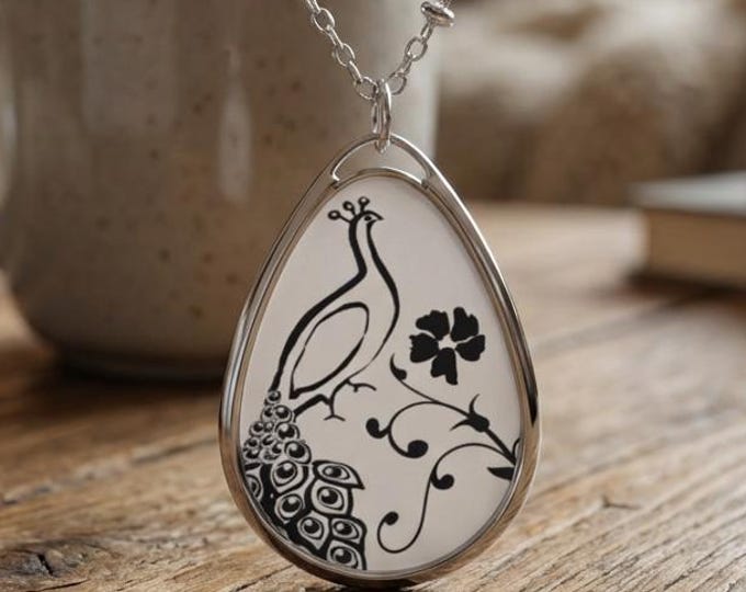 Elegant Peacock Wearable Art Oval Necklace, Romantic Boho Statement Jewelry for Women, Nature Inspired Design, Anniversary Present