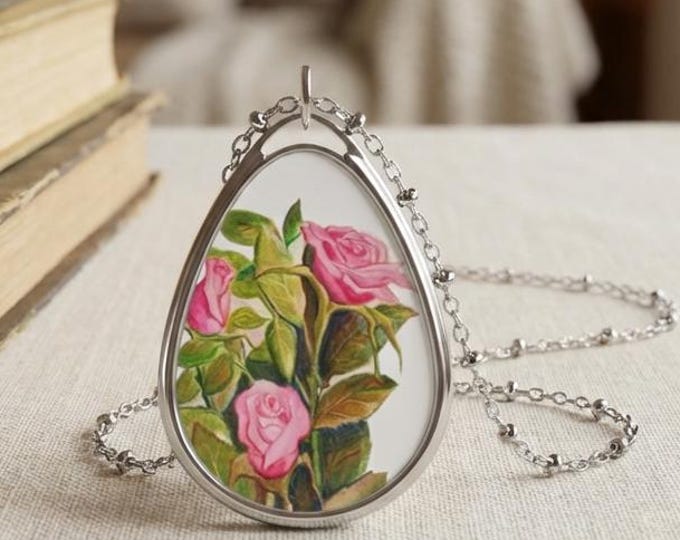 Pink Roses Romantic Style Wearable Art Necklace, Floral Charm Gift for Her Birthday, Mother's Day, Rose Lover Jewelry