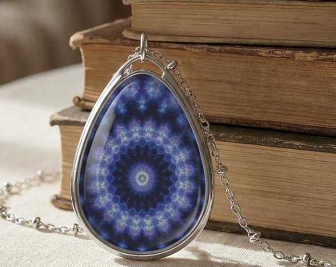 Blue Mandala Fractal, Teardrop Oval Digital Art Necklace, Birthday Gift for Her Under 50 Dollars